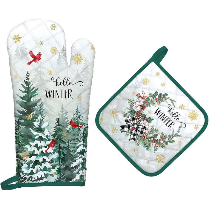 Перчатка для духовки и прихватка для кастрюль, набор 2 предмета, Зимний лес Arquiel