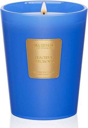 Ароматична свічка M&SENSE надзвичайно велика, час горіння 150 годин, натуральна ароматерапевтична свічка з 3 гнітами, сильний аромат, тривале горіння, подарункова свічка та прикраса для дому, подарунки для жінок (400 г, мирний пачулі)