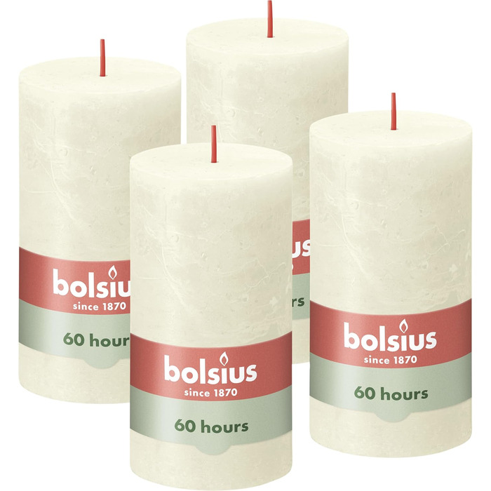 Свічки Bolsius Rustic Pillar Candles - Оливково-зелені - Набір з 4 шт. - Декоративні побутові свічки - Час горіння 60 годин - Без запаху - Натуральний рослинний віск - Без пальмової олії - Оливково-зелені (13 x 7 см, колір слонової кістки)