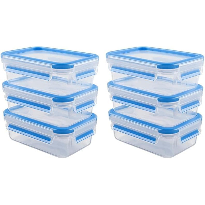 Набір контейнерів для зберігання продуктів EMSA Clip & Close, прямокутні, 5 x 0,8 л, коробки для зберігання, 100 герметичні, придатні для миття в посудомийній машині, морозильної камери та мікрохвильової печі, прозорі, сині, зроблено в Німеччині, N10307 (