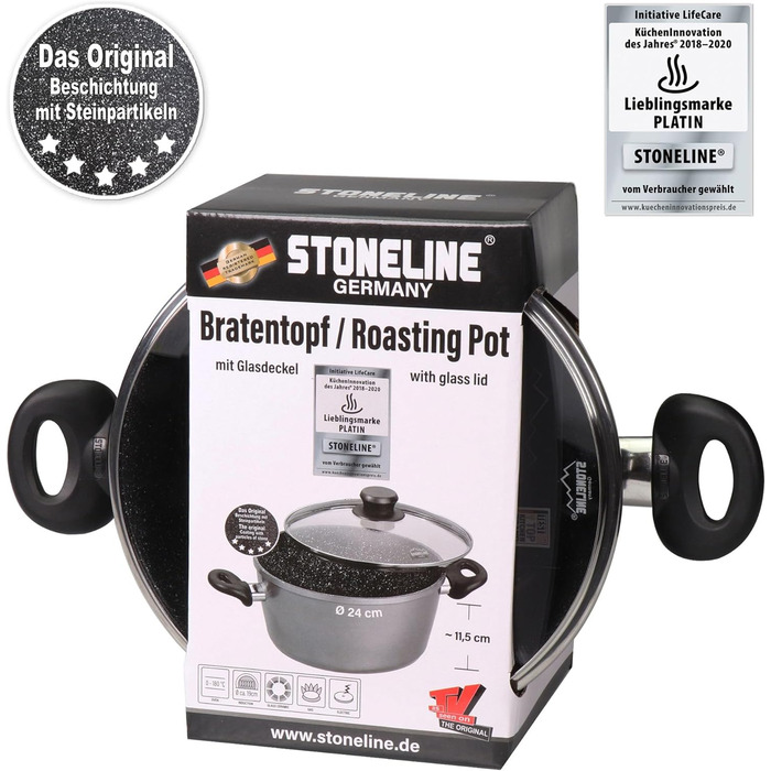 Каструля STONELINE XXL з литого алюмінію, велика, з кришкою, 7 л, антипригарне покриття зі справжніми кам&39яними частинками, індукційний посуд для всіх типів варильних поверхонь, духовка, приготування їжі без жиру та олії, сірий (24 см)