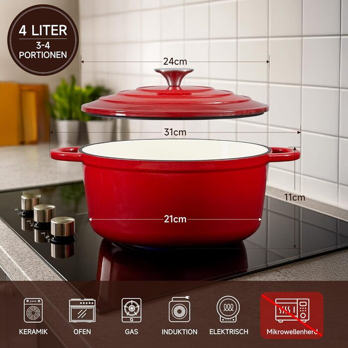 Чавунна форма для запікання 24 см, емальована з кришкою, включаючи 1 пару силіконових рукавиць Nilpferd