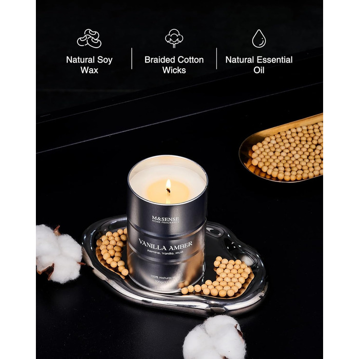Ароматичні свічки M&SENSE з натурального соєвого воску, натуральна соєва свічка для домашнього декору, тривалий час горіння до 70 годин, класні подарунки-свічки для чоловіків та жінок (320 г, ванільно-бурштиновий)