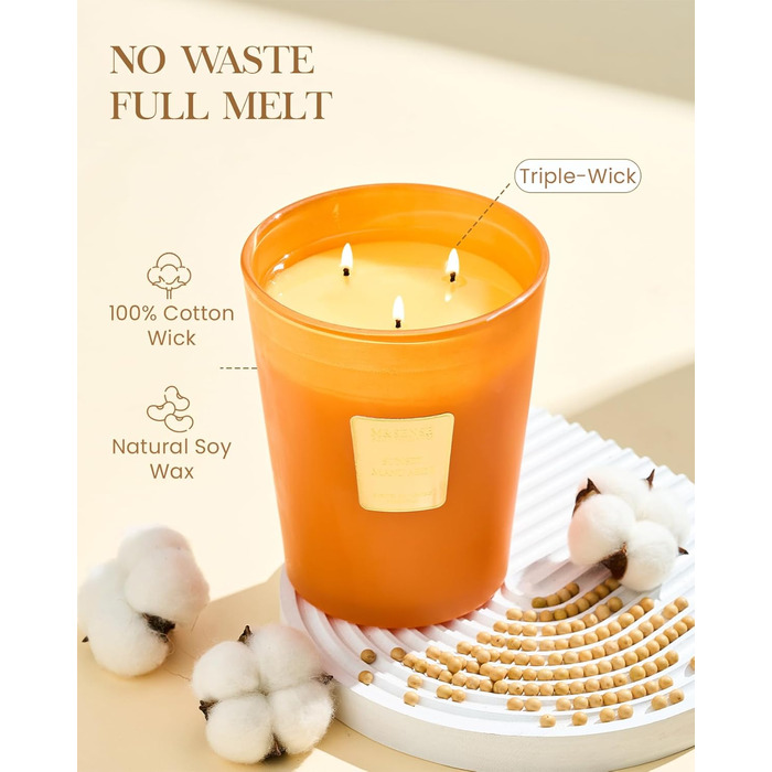 Ароматична свічка M&SENSE надзвичайно велика, час горіння 150 годин, натуральна ароматерапевтична свічка з 3 гнітами, сильний аромат, тривале горіння, подарункова свічка та прикраса для дому, подарунки для жінок (990 г, мандариновий колір)