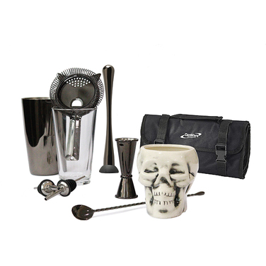 Набір бармена з сумкою, 9 предметів, чорний метал, GenWare + ПОДАРУНОК келих TIKI