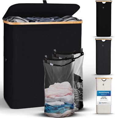 Кошик для білизни з кришкою 2 відділення Вузький сірий мішок для білизни - Сортувальник білизни Контейнер для білизни Збірник білизни Комод для білизни Кошики для білизни темно-сірі (140 л, 141 л чорний)
