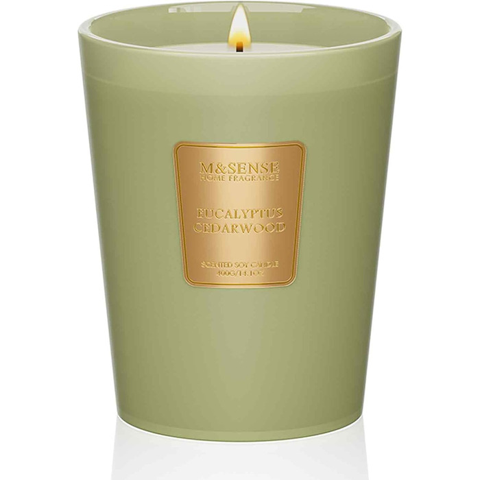 Ароматична свічка M&SENSE надзвичайно велика, час горіння 150 годин, натуральна ароматерапевтична свічка з 3 гнітами, сильний аромат, тривале горіння, подарункова свічка та прикраса для дому, подарунки для жінок (400 г, евкаліпт та кедр)
