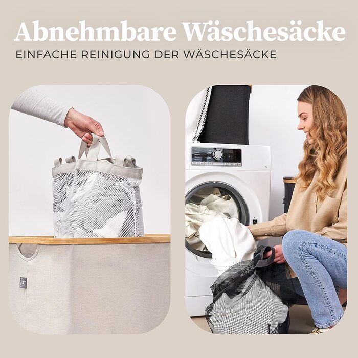 Ящик для белья Hennez 150 л - Корзина для белья 3 отделения - Крышка - Сортировщик белья с мешком для белья - Корзины для белья - бежевый бамбук - Контейнер для белья - Система сортировки белья - Сборник для белья 4) 150л Бежевый