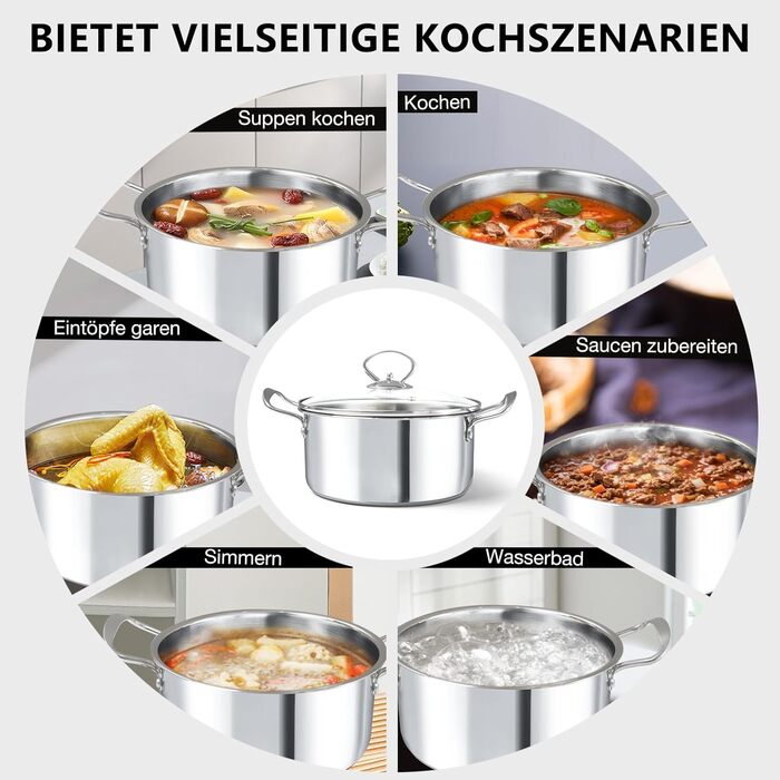 Каструля 3 л з нержавіючої сталі зі скляною кришкою 20 см HOUSLUX