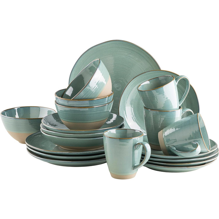 Серія Ноттінгем, вінтажний набір посуду на 4 персони, комбінований сервіз з 20 предметів з неправильними круглими формами в стилі ретро, керамограніт, бірюзово-зелений