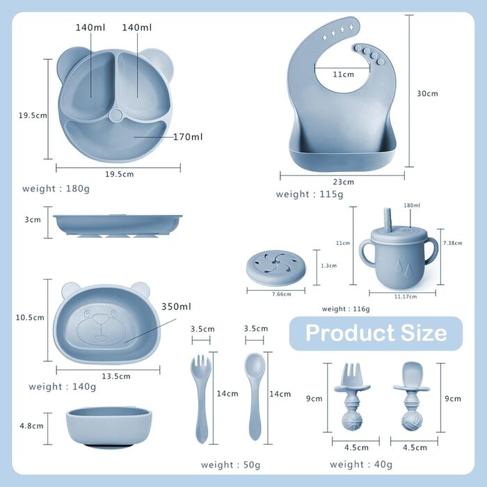 Силіконовий набір дитячого столового посуду Bizcasa з 9 предметів, нековзкий набір дитячого столового посуду, дитячий столовий посуд із присоскою, нековзна дитяча миска, дитяча тарілка, дитячий набір столових приборів для малюків, без бісфенолу А (синій)