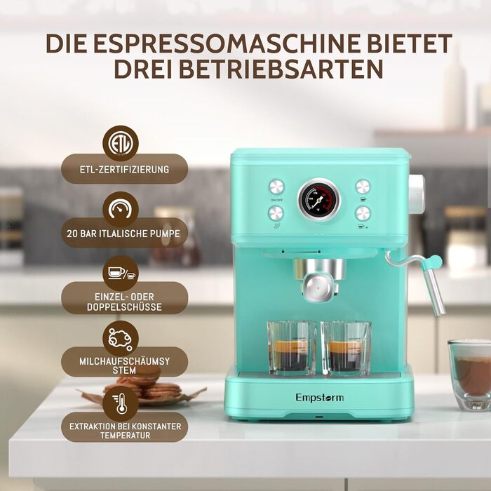Кавомашина Empstorm Espresso Portafilter з піноутворювачем для молока, еспресо-машина 20 бар з портафільтром, еспресо-машина 2 в 1 для порошку та капсул, резервуар для води 1,5 л, кавоварка з портафільтром, білий (світло-блакитний)