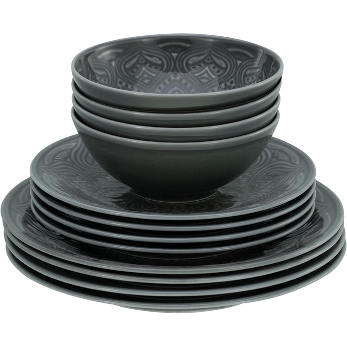 Серія Набір посуду Orient Mandala з 18 предметів, набір тарілок з порцеляни (набір тарілок 12 предметів, камінь), 21627