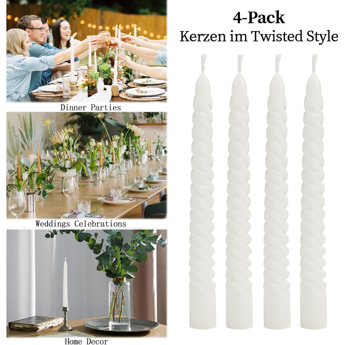 Набір з 4 конічних спіральних свічок 2 x 20 см, білий Bolosa