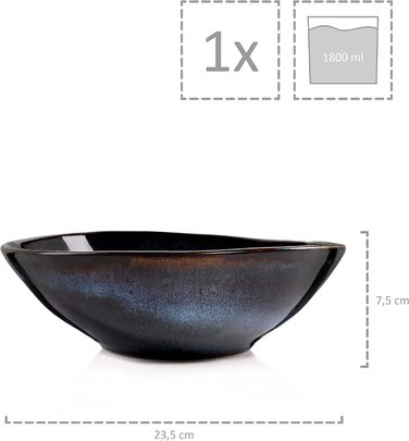 СПІВАЧКА Тарілка для пасти Токіо 4 шт., Тарілка для спагетті 4 персони, Набір посуду з кераміки Макарони, Тарілка з локшиною Можна мити в посудомийній машині, Миска для макаронів ручної роботи, Миска для макаронів синьо-чорна з коричневими вставками 1,2 л