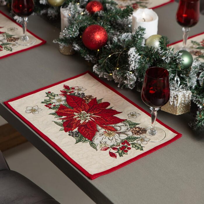 Дім різдвяної гобеленової різдвяної скатертини Скатертина на Різдво та Новий рік (Пуансетія (Іскриста), Серветка 35x45 см)