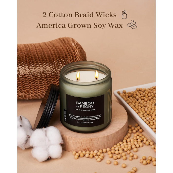 Ароматичні свічки M&SENSE з кавою у скляній банці з 2 гнітами 330 г, час горіння 70 годин, свічка з натурального соєвого воску для спальні, кухні, декору дому, подарункова свічка для чоловіків та жінок, смажена кава (бамбук та півонія)