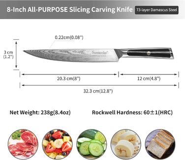 Ніж для хліба Sunnecko 20 см із зазубреним краєм, дамаський ніж для хліба, гострий кухонний ніж з лезом з дамаської сталі, ніж для різання хліба з ручкою G10