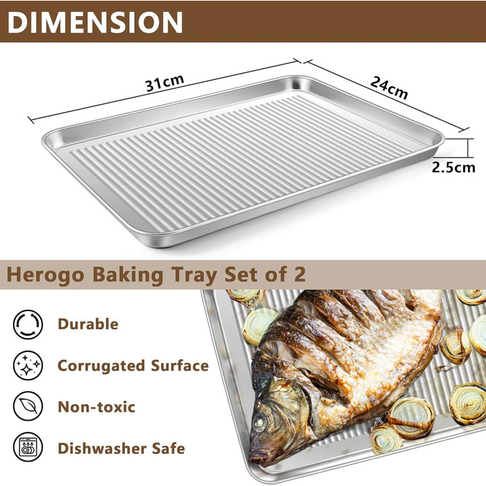Набір деко для випікання Деко з нержавіючої сталі Herogo (40x30x5 см), велика професійна форма для випічки, приготування їжі, дизайн канавок і нержавіюча сталь, нетоксична та здорова, безпечна для духовки та посудомийної машини, срібло 40x30x.5 (2, 324x2.