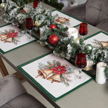 Різдвяна гобеленова скатертина Home of Christmas Скатертина на Різдво та Новий рік (Дзвіночок - Зелений (Без блискіток), Серветка 40x50 см)