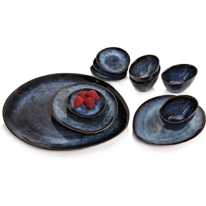 СПІВАЧКА Набір тарілок Токіо 12 шт. , Набір посуду 4 персони, Столовий посуд Столовий посуд, Столовий сервіз в т.ч. Тарілка обідня тарілка Тарілка і миска, Обід, Столовий сервіз темно-синій з чорними вставками (Набір тарілок 1)