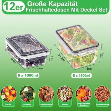 Набір Kottwca, набір Tupperware із 30 предметів (15 контейнерів 15 кришок), кухонні коробки для приготування їжі, 100 герметичні, без бісфенолу А, контейнер для зберігання продуктів для мікрохвильової печі та холодильника (набір з 12 великої місткості)