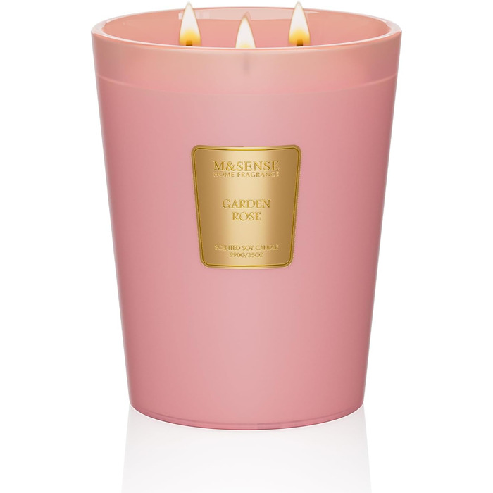 Ароматична свічка M&SENSE надзвичайно велика, час горіння 150 годин, натуральна ароматерапевтична свічка з 3 гнітами, сильний аромат, тривале горіння, подарункова свічка та прикраса для дому, подарунки для жінок (990 г, садова троянда)
