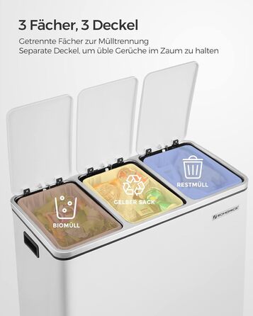 Кухонний контейнер для сміття SONGMICS, 3 x 18 л, система розділення сміття, 3 відділення, включаючи 15 мішків для сміття, відро для сміття, відро для сміття з педаллю, для вторинної переробки, органічні відходи, з кришкою, LTB54BK (білий хмара)