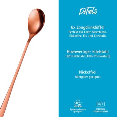 Набір ложок GRWE для лате макіато, золотий, 6 предметів, 22 см, довгі ложки, ложки для коктейлів, десертні ложки, ложки для морозива, ложки для кави з льодом, нержавіюча сталь, можна мити в посудомийній машині (рожеве золото)