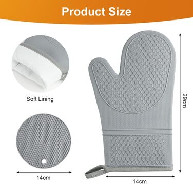 Набір рукавичок для духовки AUAUY, 1 пара силіконових рукавичок для духовки з 2 тримачами для каструль, нековзні кулінарні рукавички, термостійкі рукавички для духовки, рукавички для кухні, приготування їжі, випічки, гриля, барбекю (сірі)