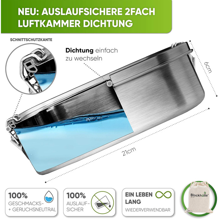 Коробка для обіду Blockhtte Premium із нержавіючої сталі I 1400 мл I Включає змінне ущільнення та 2 розділювачі I Покращена коробка для обіду є герметичною та легко миється I Для дітей та дорослих (срібло імена)