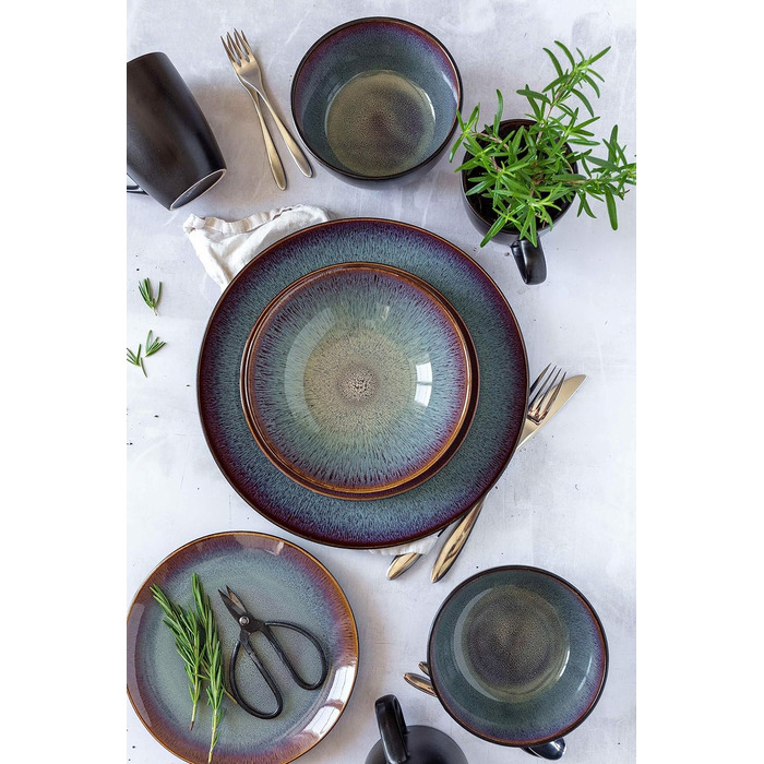Керамічний набір посуду на 4 персони із зелено-коричневою реактивною глазур'ю, комбінований сервіз із 20 предметів у сучасних стриманих формах купе, керамограніт (обідня тарілка), 934100 Series Teona