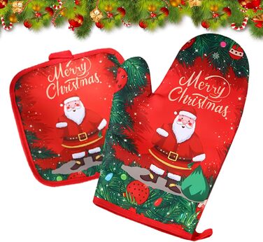 Рукавичка для духовки та прихватка для каструль з різдвяним дизайном, набір 2 предмети, червоні Embhlitfe
