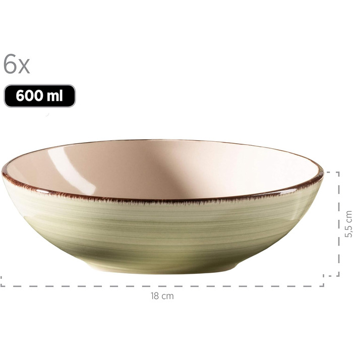 Набір тарілок для 6 осіб у сучасному вінтажному стилі, столовий сервіз із 18 предметів, сервіз керамічного посуду з ручним розписом, керамограніт (зелений), 931875 Bel Tempo II