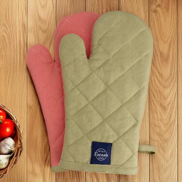 Рукавички для духовки та мікрохвильової печі Encasa Homes Extra Long (2 шт.) для кухні - Силіконові, сріблясті, термостійкі - Захищають руки від гарячого обладнання - (17x29 см, шавлія та корал)