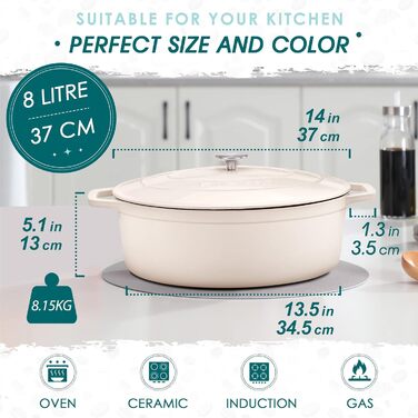 Чавунна сковорода Vancasso, чавунна каструля з кришкою, емальоване покриття об&39ємом 5 л, індукційна запіканка, каструля, чавунна сковорода для всіх типів плит, підходить для індукції, кругла, кремово-біла, 5 л біла (білий, 37 см)