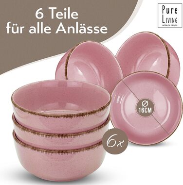 Набір посуду з керамограніту 6 персон Рустик 24 шт. - Набір посуду в сільському стилі, можна мити в посудомийній машині - Набір мисок і тарілок - Чистий живий посуд в (миски (6x), рожеві)