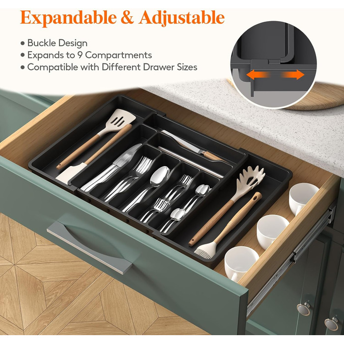 Органайзер для столових приборів 57 х 38 см для шухляд, 9 відділень, чорний Lifewit