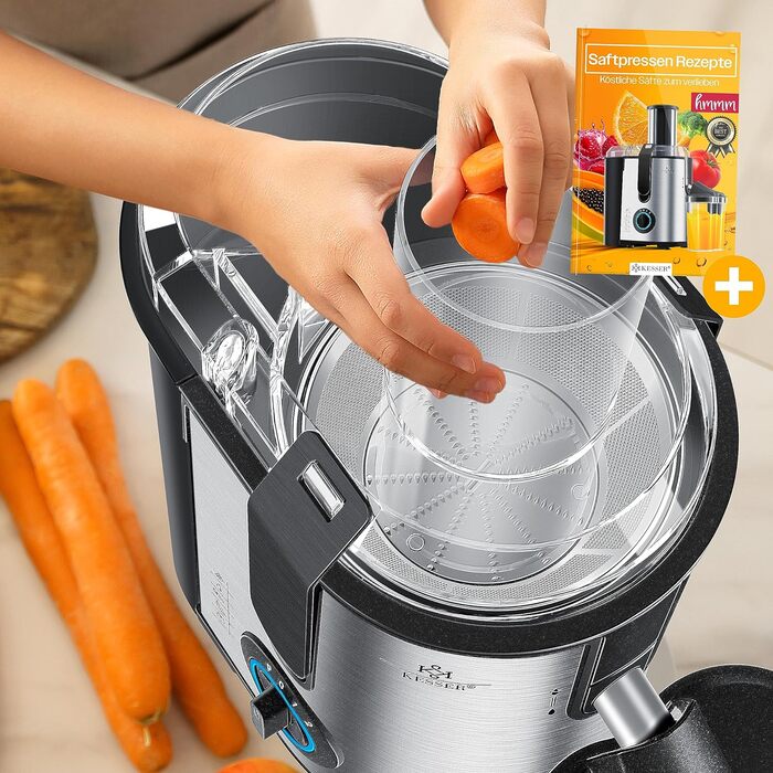 Соковижималка KESSER для фруктів і овочів з нержавіючої сталі 1100 Вт великий завантажувальний отвір 85 мм з щіткою для чищення та контейнером для соку 3 режими швидкості, соковижималка, сріблястий Сріблястий / Чорний