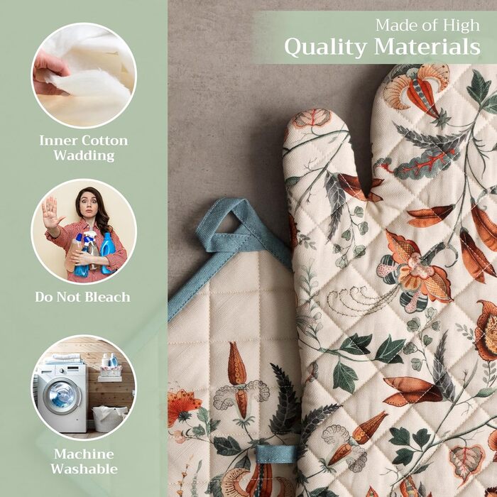 Рукавички для духовки, прихватки для каструль Maison d&39 Hermine, 100 бавовна, термостійкі кухонні рукавички, рукавички для духовки (19 x 33 см) та прихватки для каструль (20 x 20 см) для приготування їжі, Morzine - Рукавички для духовки (19 x 33 см) та 