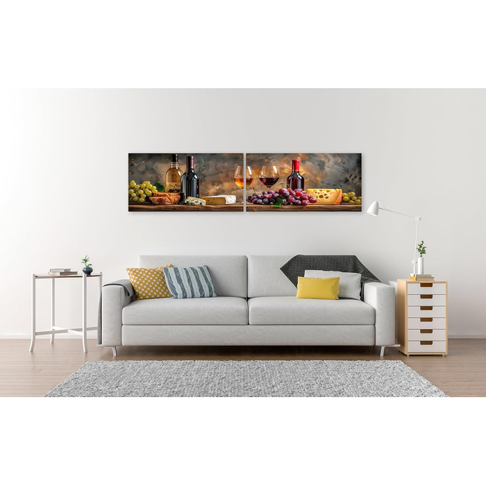 Друк на полотні Сільський натюрморт з пляшками вина, келихами, виноградом, сиром, хлібом на дерев&39яному столі Картини Настінний художній постер (полотно 160x40 см - 2 частини)