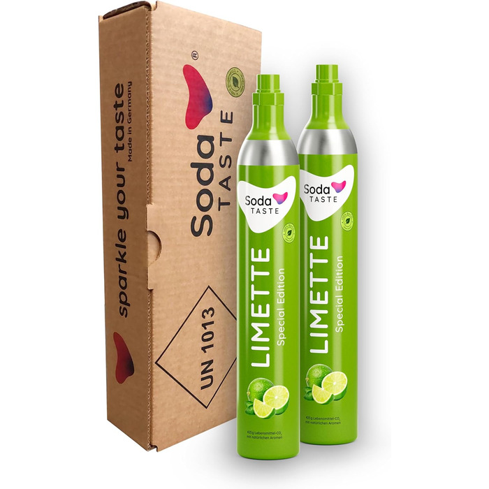 Набір із 2 змінних CO2-балонів SodaTASTE (змінний) для газованок, з натуральним м&39ятним смаком, без сиропу, для приготування до 120 л ароматизованої газованої води, без цукру (УВАГА потрібні 2 порожні балони) (Лайм)