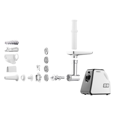 ARDESTO Мясорубка, 2300Вт, продук.-2.2кг/мин, 4 решетки + для ковб., кеббе, насадка для томатов, пластик, бело-черный