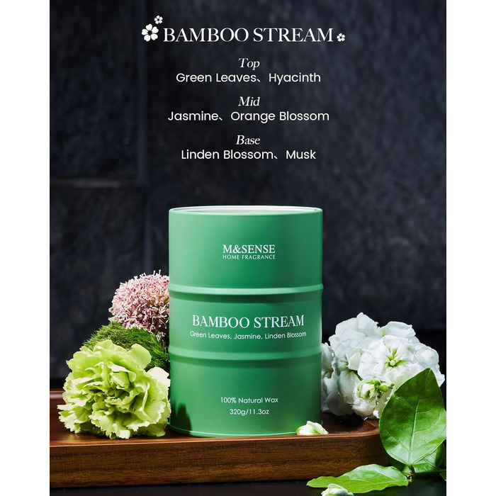 Ароматичні свічки M&SENSE з натурального соєвого воску, натуральна соєва свічка для домашнього декору, тривале горіння до 70 годин, класні подарунки-свічки для чоловіків і жінок (320 г, бамбуковий потік)