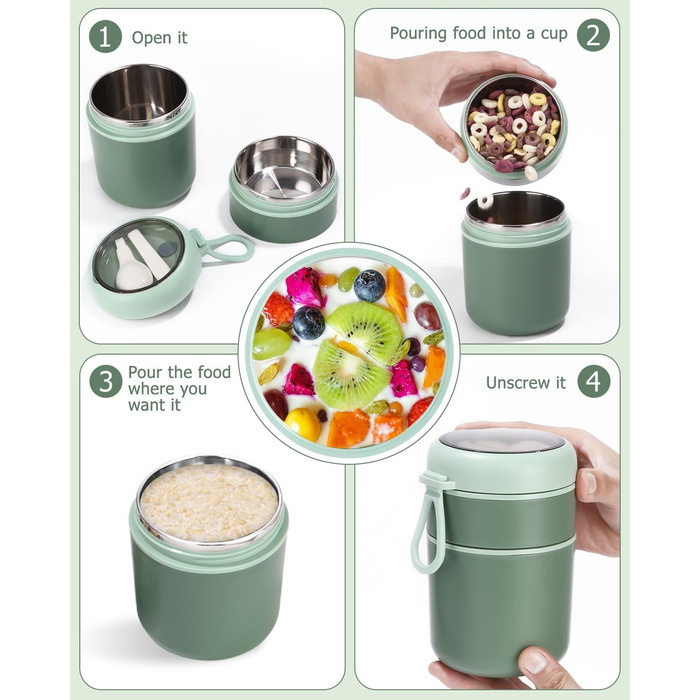 Стаканчик для пластівців 710 мл із складаною ложкою, зелений Nuxory