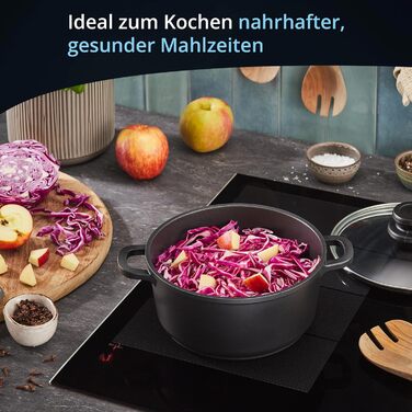 Каструля KHG з індукційним антипригарним покриттям, XXL овочева каструля, велика місткість, 10 літрів Чорний алюміній зі скляною кришкою Міцні, цільні ручки Підходить для всіх типів плит (20 см)