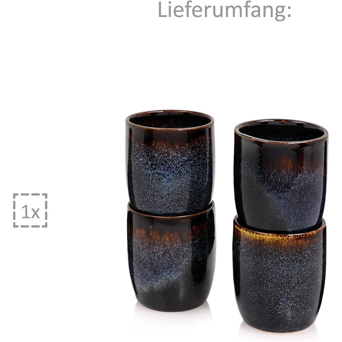 Співачка Набір кавових чашок Токіо 4 шт. , Набір кавових кухлів 4 персони, Чашка з кераміки Сейф для посудомийної машини, Набір чашок ручної роботи, Набір кухлів для кави, Набір кухлів синьо-чорний з коричневими вставками 300 мл (набір чашок для еспресо 4