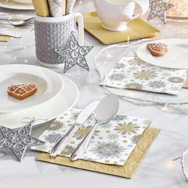 Серветки 3-шарові (33 x 33 см) I 20 шт. I Різнокольорові паперові серветки, ідеальні для різдвяного столу I Серветки - Різдво, зима, зірки, сніг, сніговики I (Срібні сніжинки)