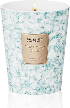 Ароматизована свічка M&SENSE велика Чорні ароматизовані свічки у склянці Ароматизована свічка з натурального соєвого воску Розслаблююча ароматерапія Подарунок для жінок та чоловіків, Різдво 75 годин горіння та 2 ґноти (свіжий шавлія, цитрус, 400 г)