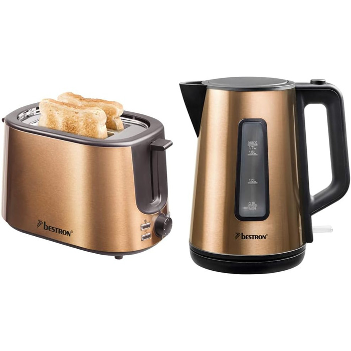 Тостер Bestron з 2 камерами для обсмажування, піддоном для крихт і насадкою для смаження булочок, 1 000 Вт, нержавіюча сталь під вигляд (мідь, комплект з чайником)